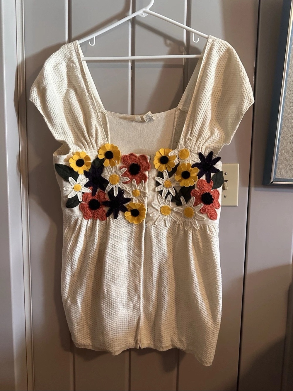 Moth Cream Textured Top with Multicolor Floral Appliqué
